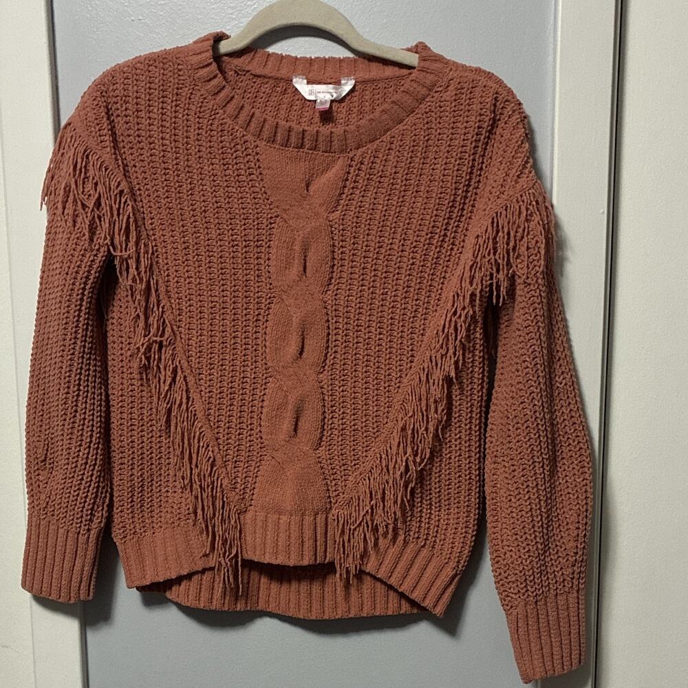 No Boundaries Coral Pink Cable Knit Boho Fringe Sweater M(7-9) Western Cowgirl